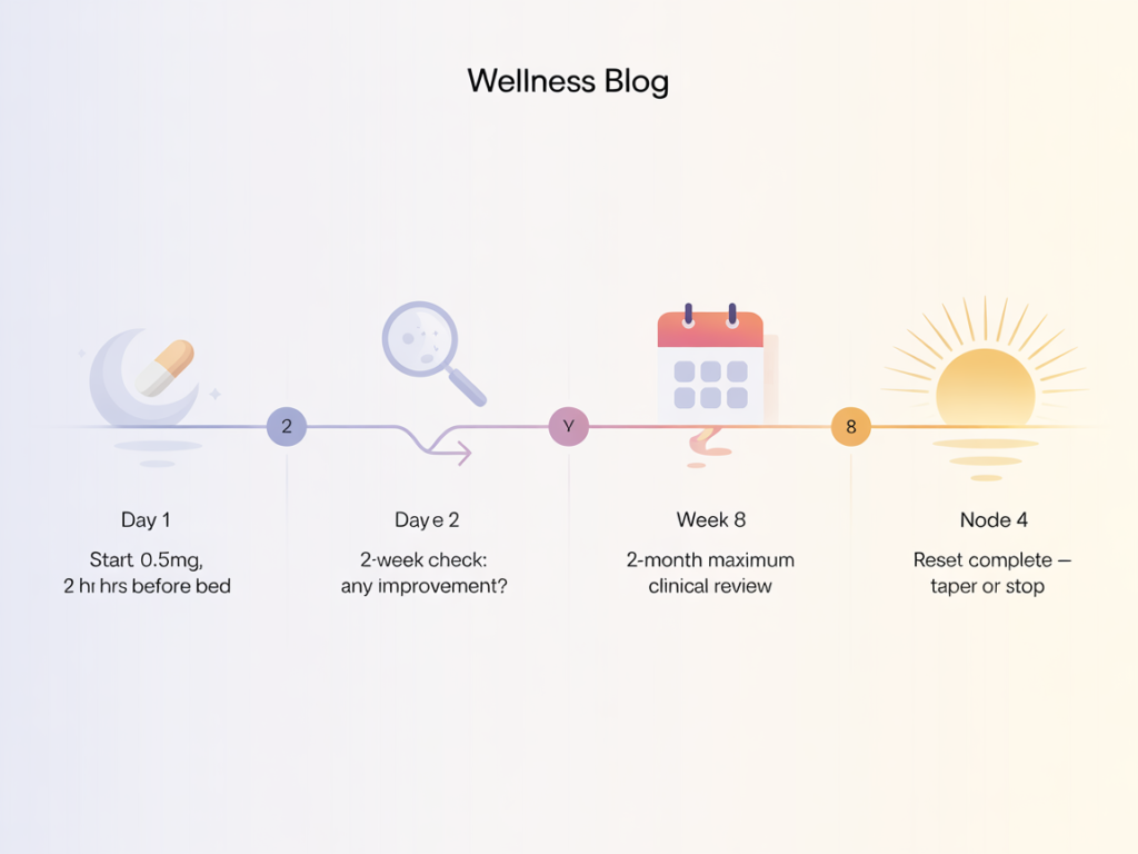 Timeline infographic showing the recommended melatonin use cycle from two-week trial through two-month maximum and clinical review