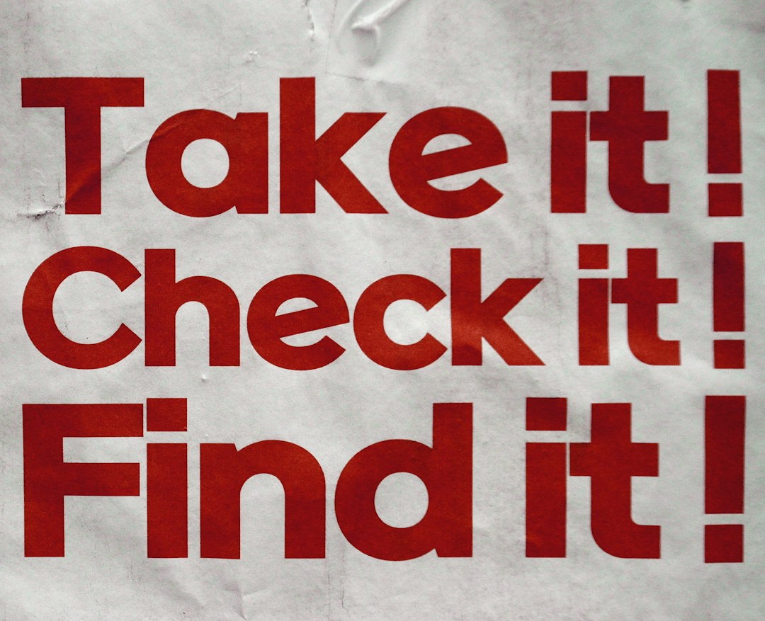 Red text on white paper says take it! check it! find it!
