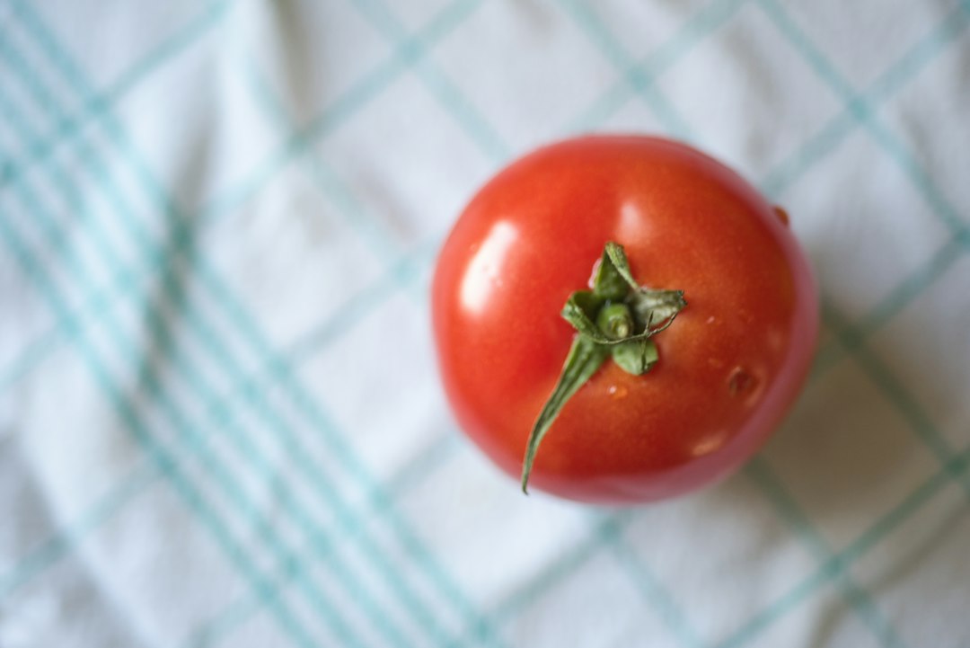 A ripe tomato rests on a checkered cloth