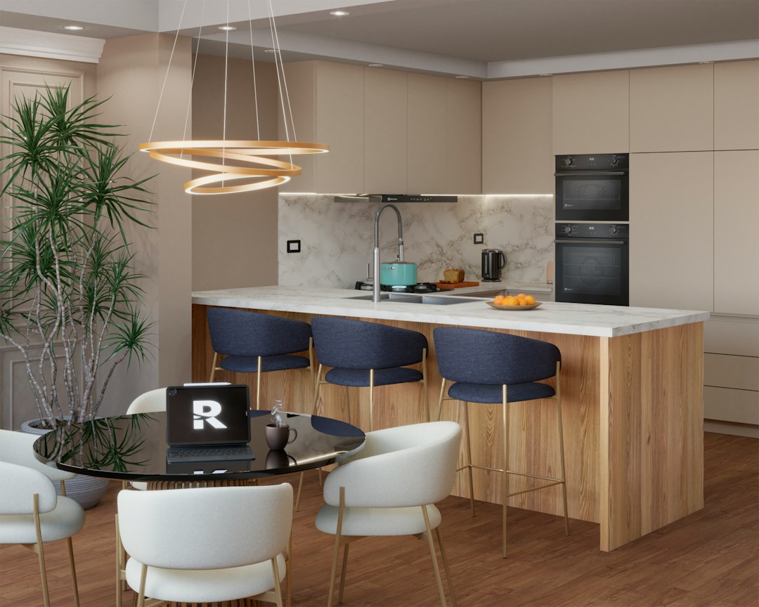 Modern kitchen with island and dining area