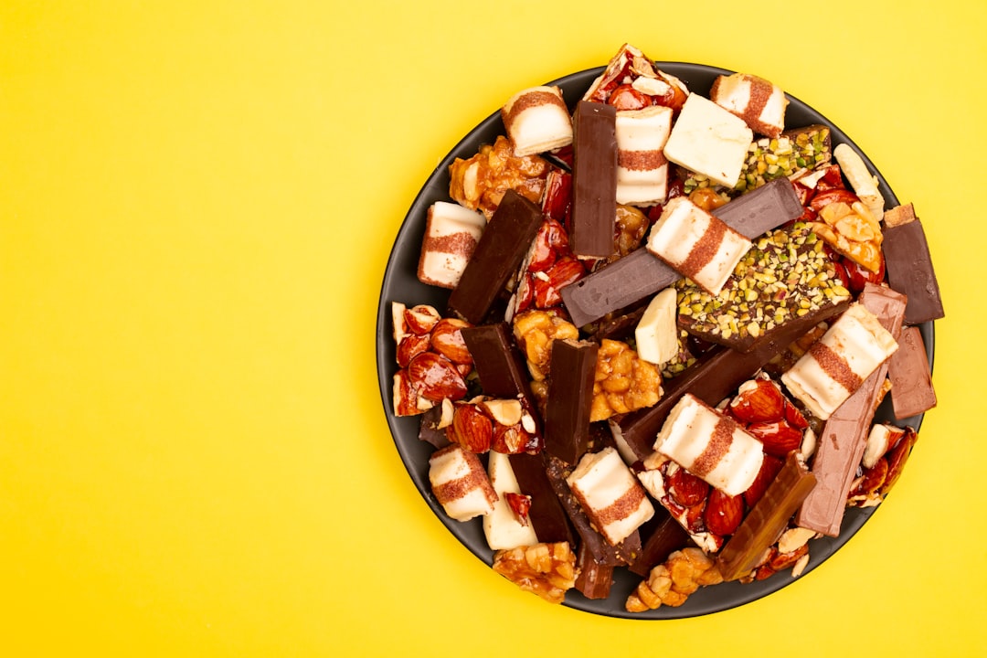 A plate of assorted chocolate bars and sweets