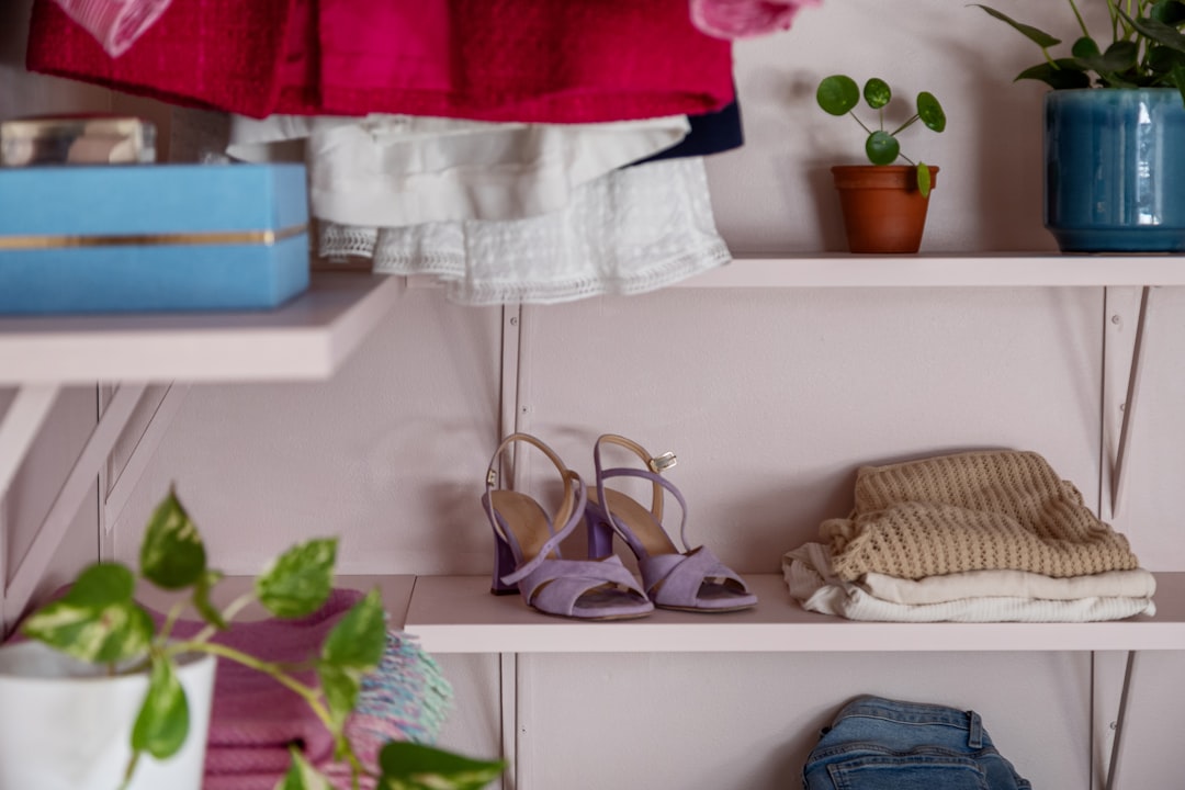 A shelf filled with clothes and shoes next to a potted plant