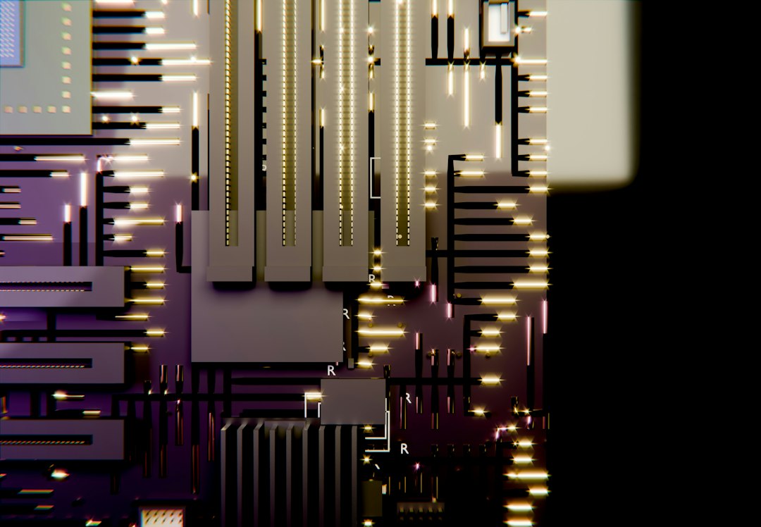 Electronic circuit board with glowing golden and purple lines