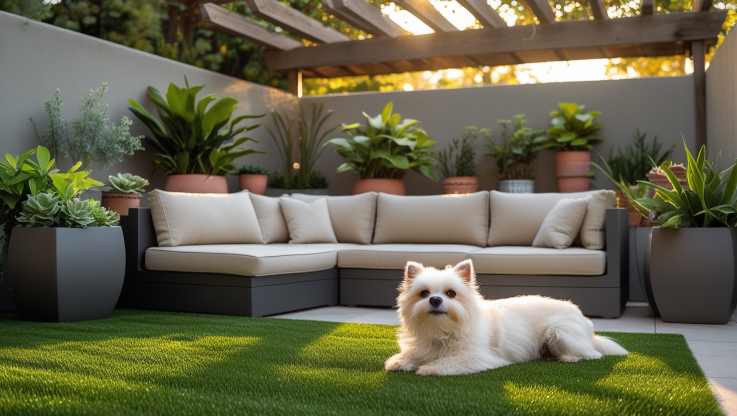 Dog resting on affordable turf patio (petio) with modern decor