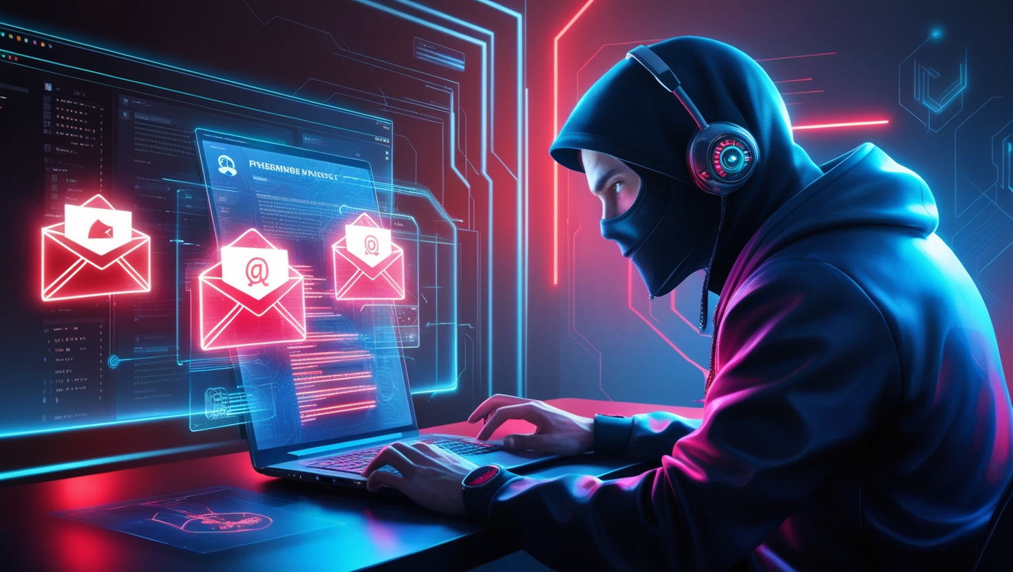 Hacker using ai to send phishing emails on a futuristic network