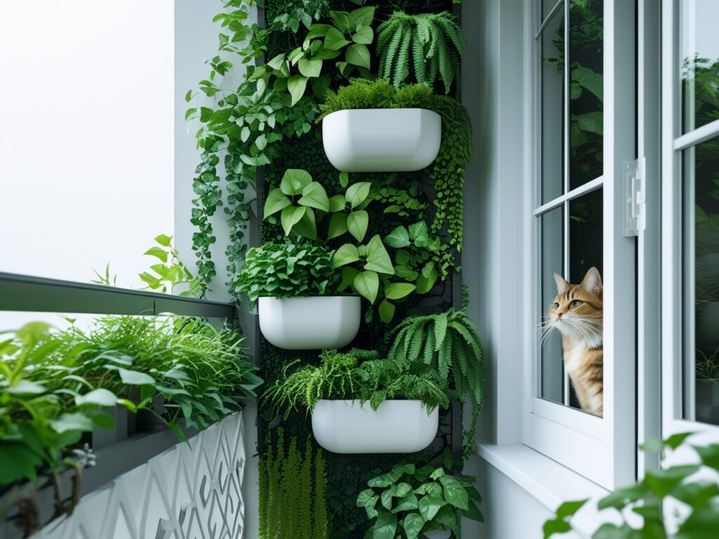 Pet safe balcony layout with vertical planters and hanging pots