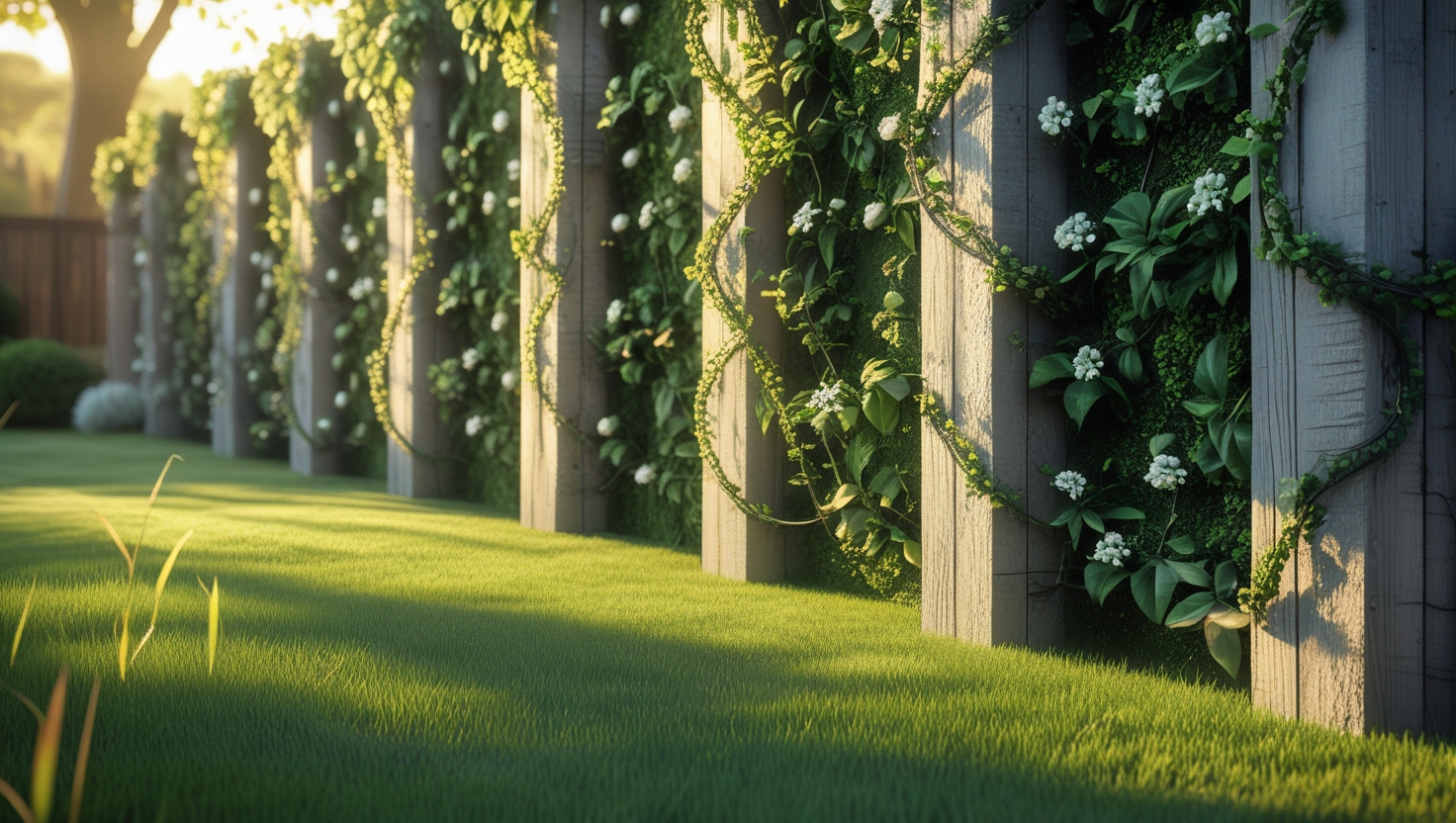 Lush green living fence made from climbing plants and recycled wood in a suburban backyard