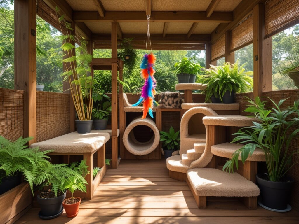 Catio with platforms, tunnels, and sensory toys designed for feline enrichment