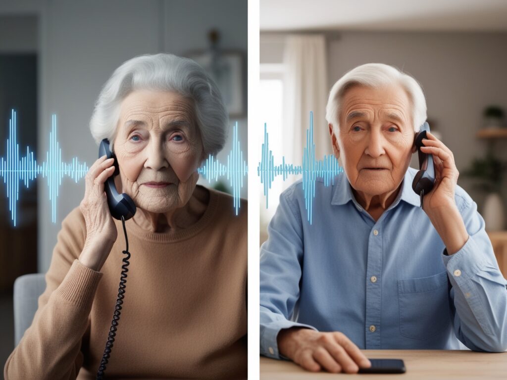 Elderly victim receiving a deepfake phishing call using AI voice cloning