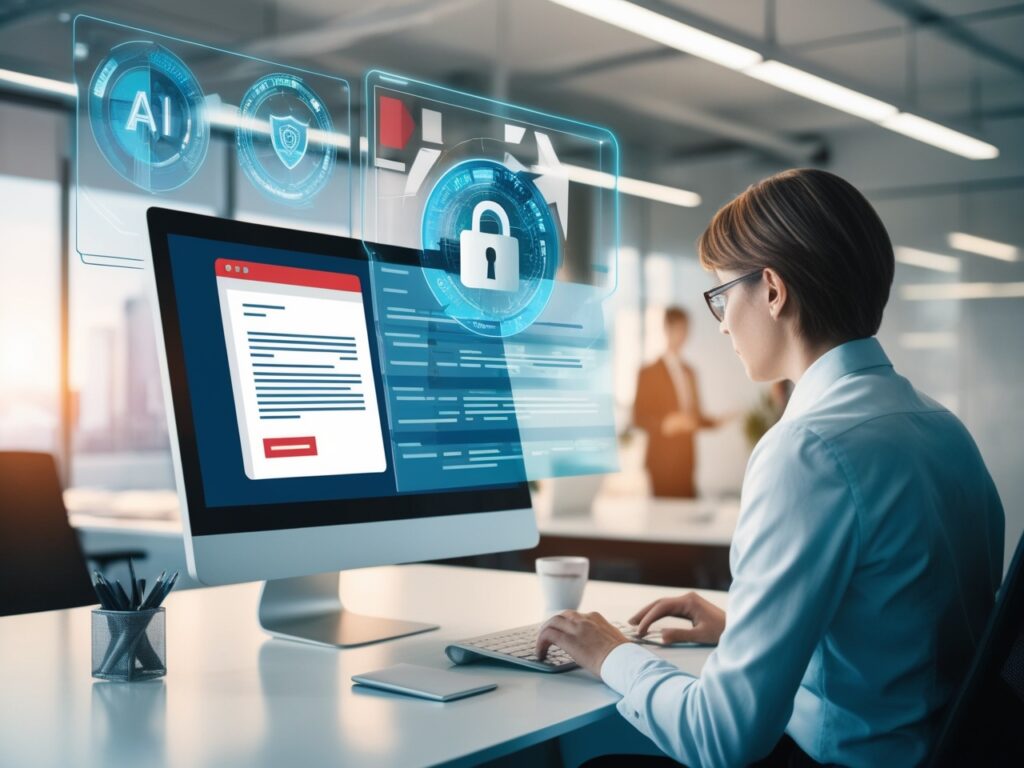 Office employee reviewing a suspicious AI-generated phishing email