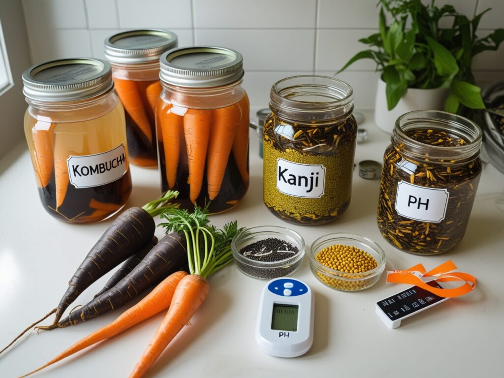 DIY kombucha and kanji fusion setup with jars, ingredients, and fermentation tools