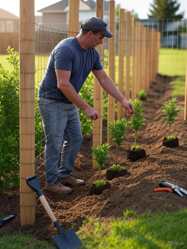 DIY installation of a living fence with wooden posts, wire mesh, and small shrubs