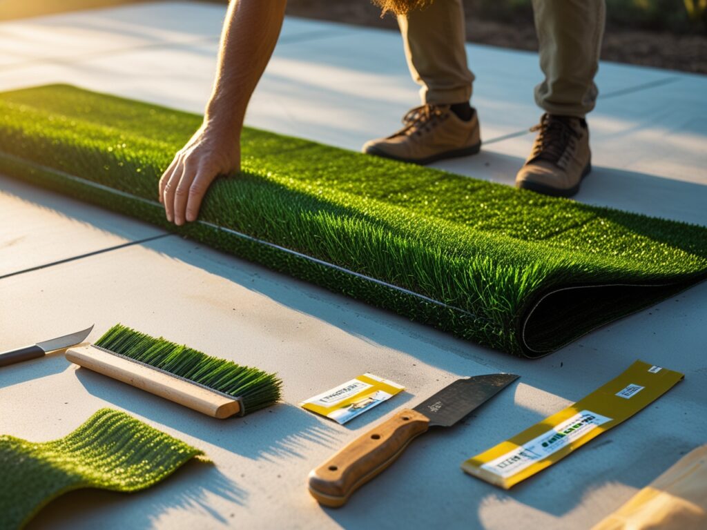 DIY turf installation in progress on a concrete patio (petio)