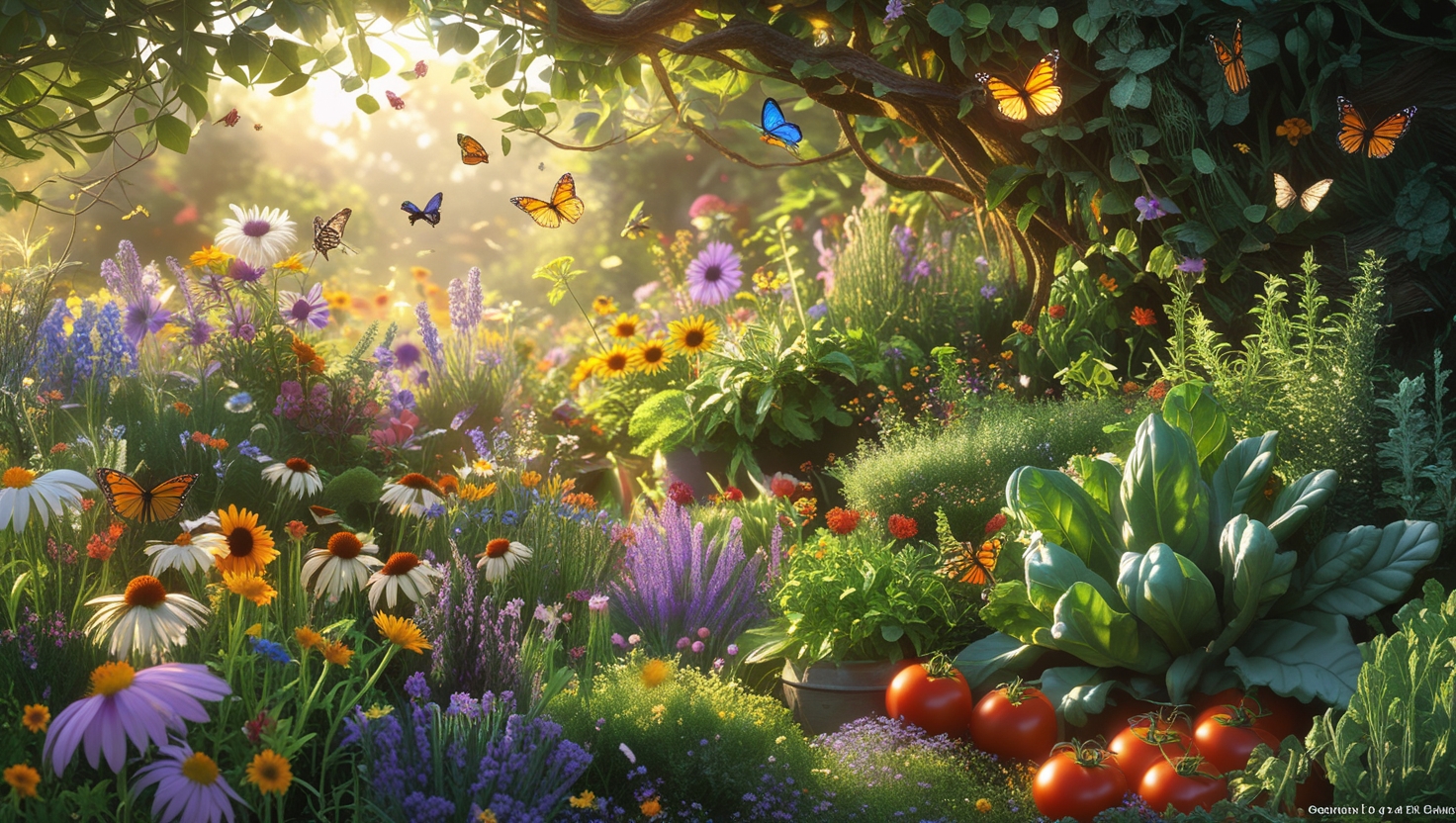 A vibrant chaos garden with mixed wildflowers, herbs, and vegetables attracting bees and butterflies under sunlight.