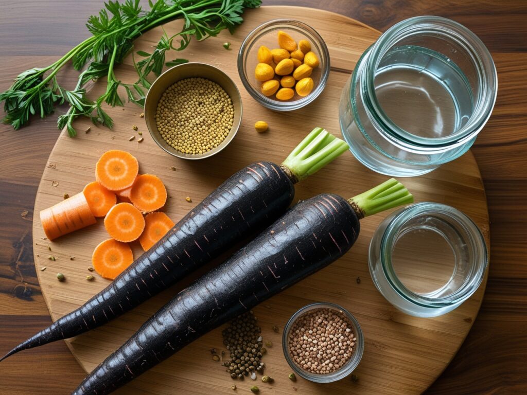 Ingredients for making fermented kanji laid out in a flat lay