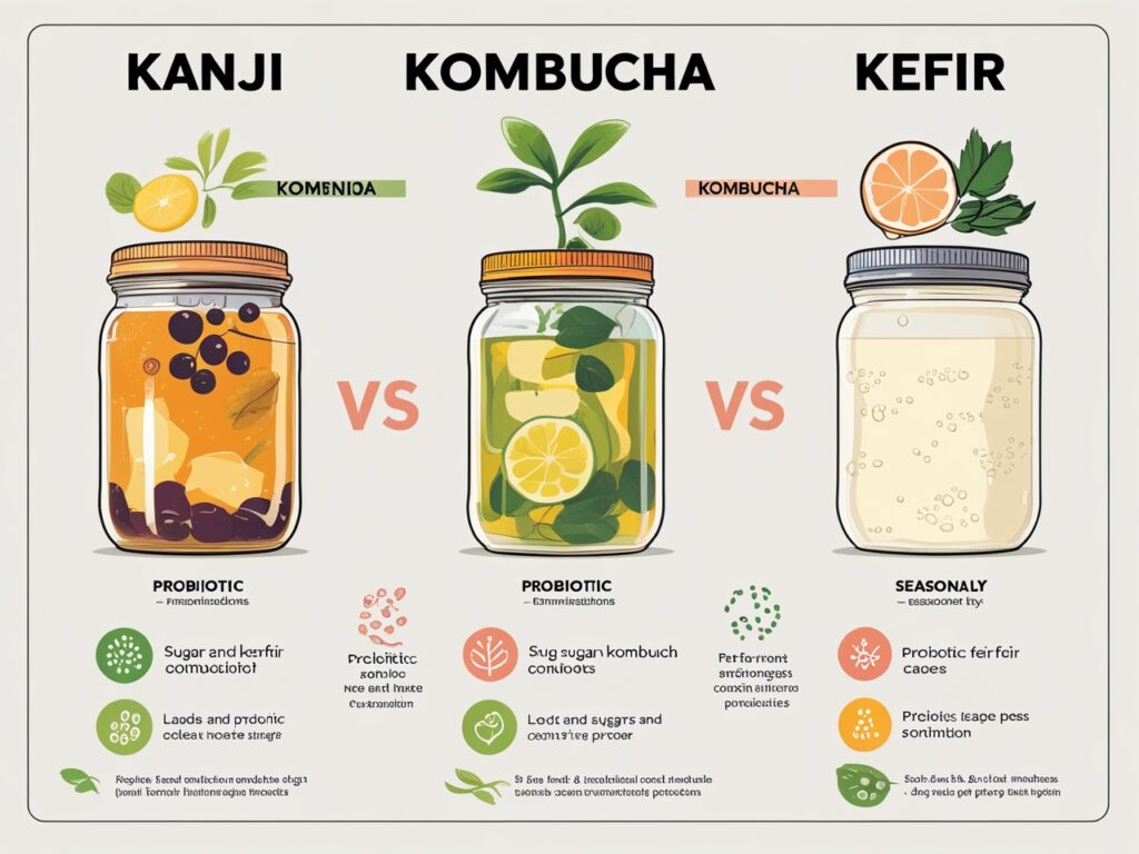 Visual comparison between kanji, kombucha, and kefir showing fermentation and probiotics
