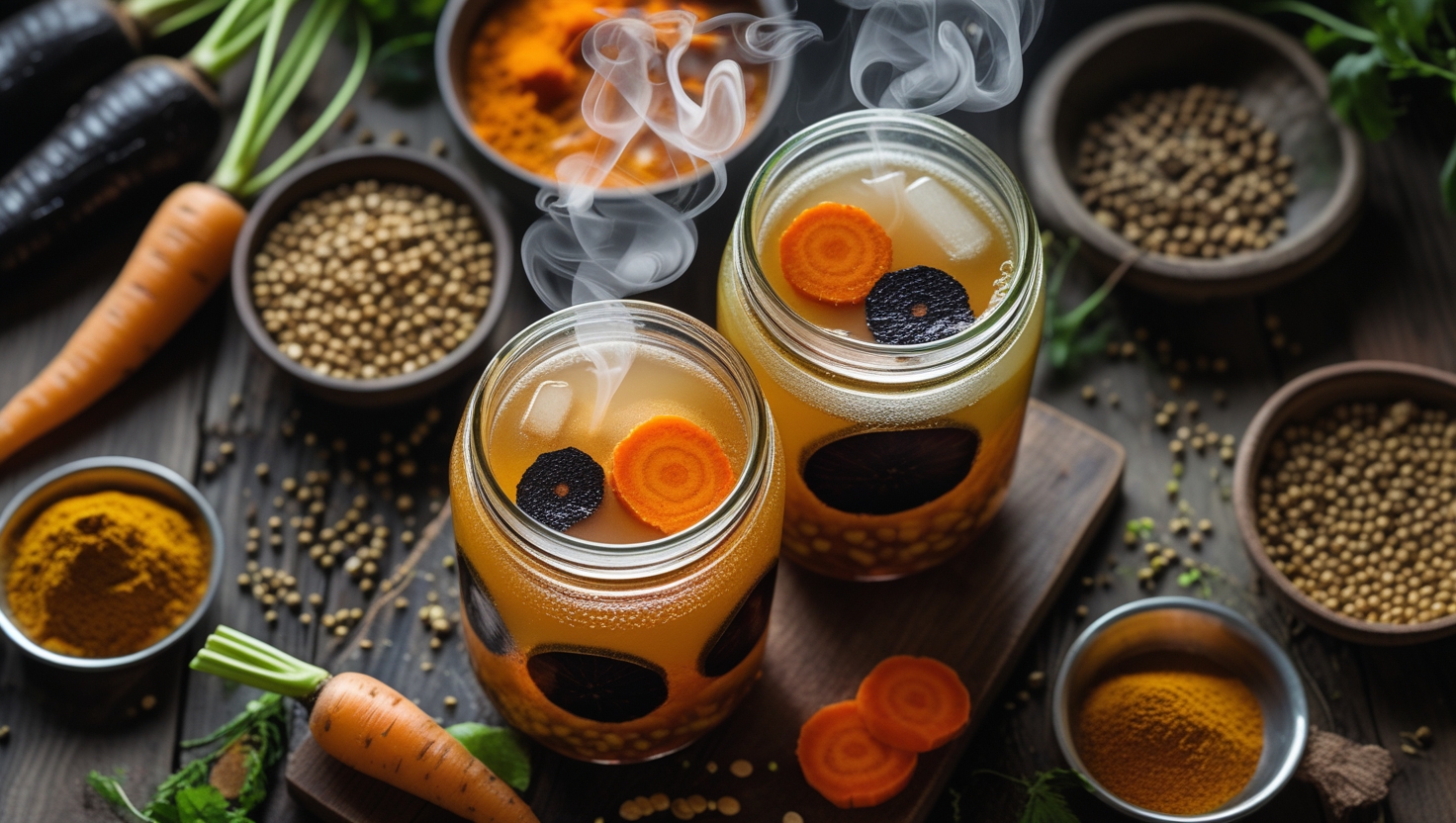 Glass jars of kombucha and kanji fusion drink with SCOBY and black carrots on a wooden table