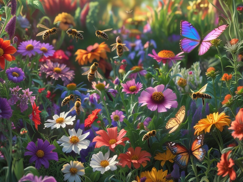 Close-up of native wildflowers blooming in a chaos garden with pollinators like bees and butterflies.