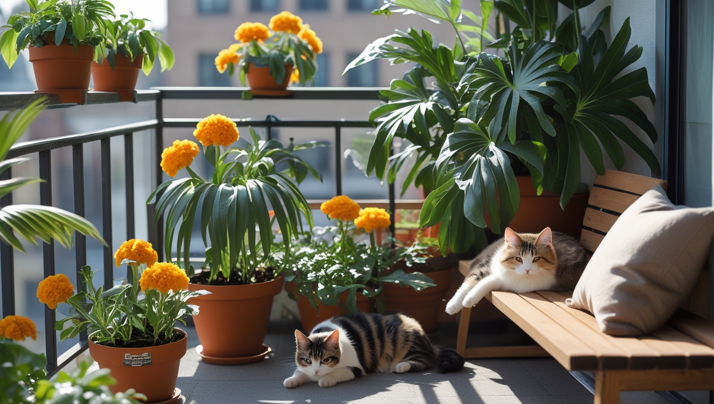 Cat and dog relaxing on a cozy balcony filled with pet safe plants