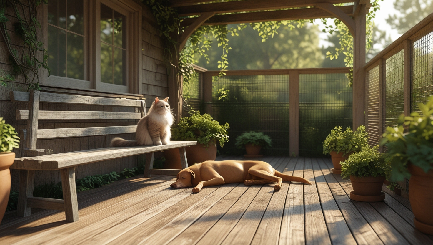 Cat and dog enjoying a shared petio in a secure, sunlit backyard space
