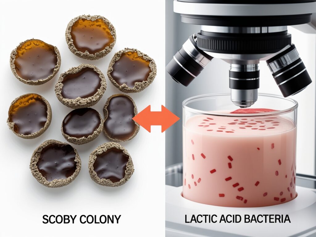 Illustration of SCOBY and lactic acid bacteria merging in fusion fermentation