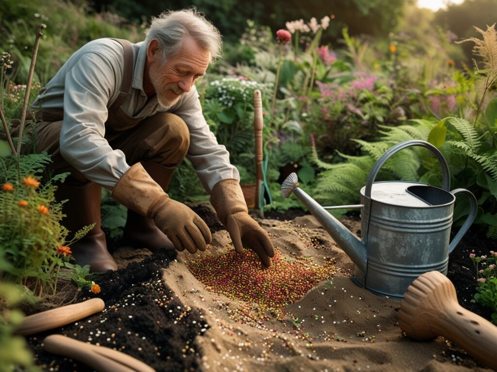 A gardener scattering seeds in a chaos garden with compost and sand, surrounded by nature and rustic tools.