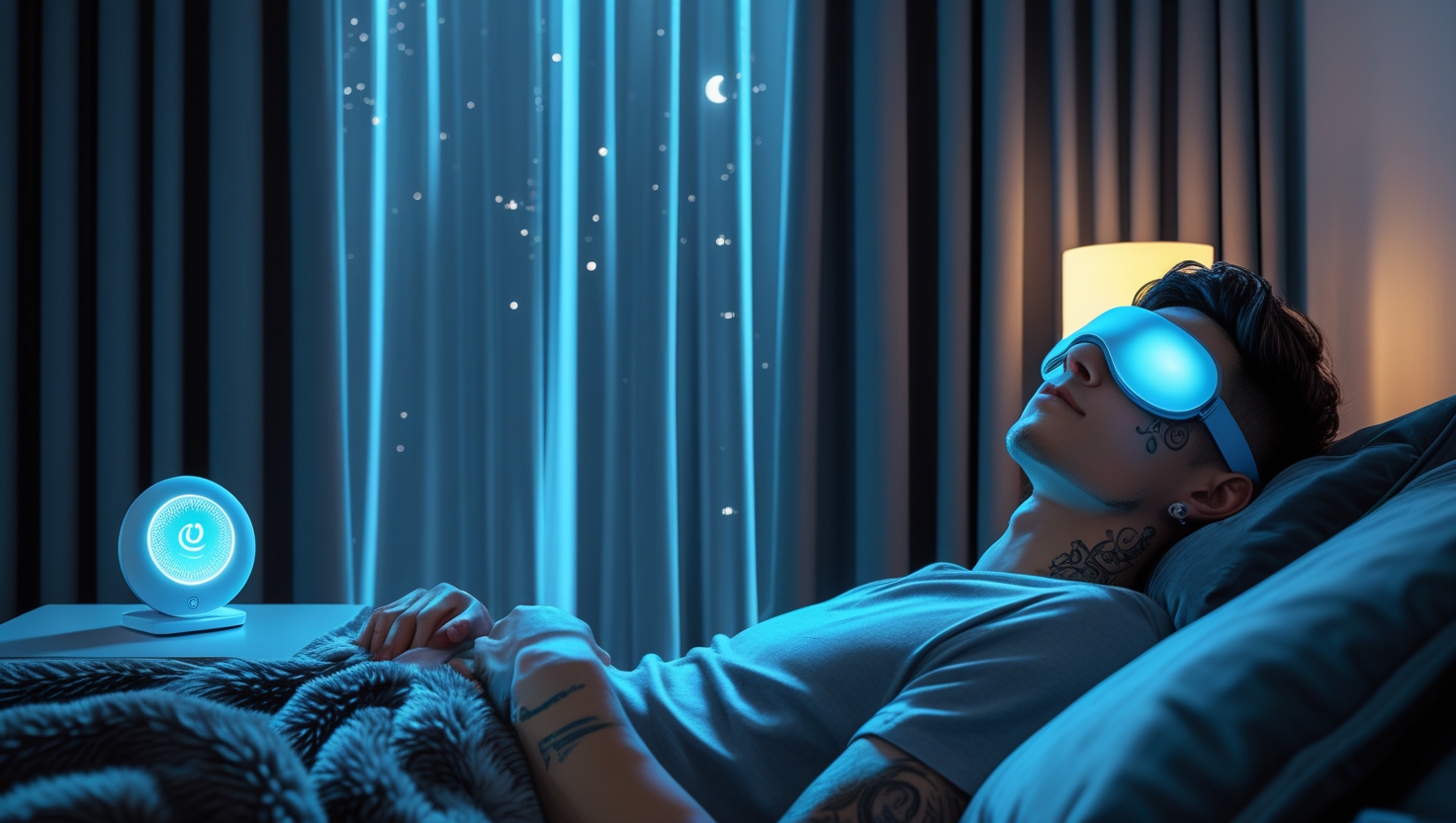 Modern sleepmaxxing bedroom setup with sleep tech