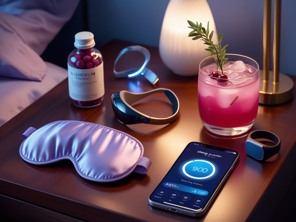 Sleepmaxxing tools like supplements, mask, and tracker