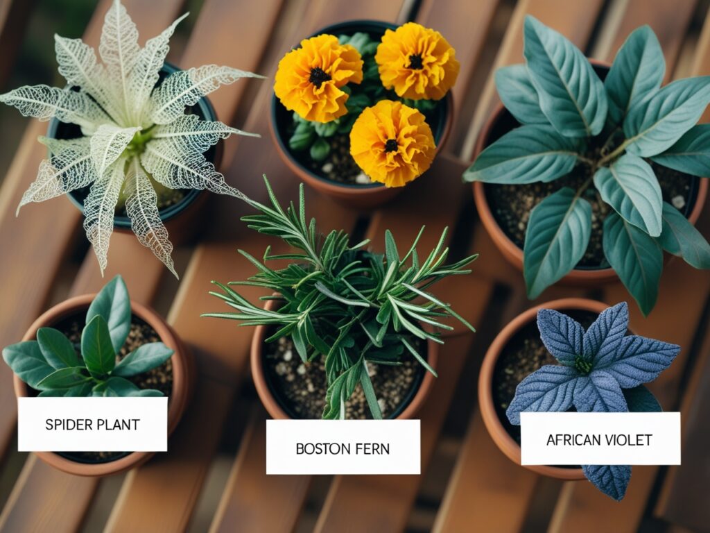 Top 10 pet safe balcony plants arranged in labeled pots on a deck