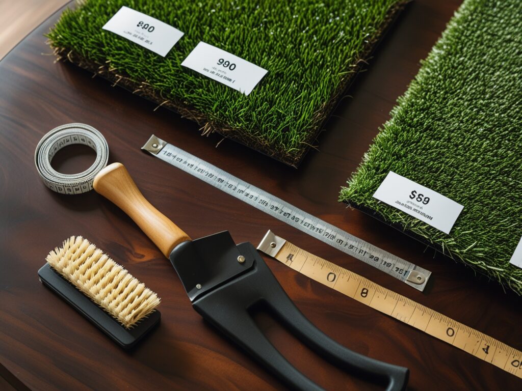 Side-by-side turf samples with labels showing price and texture