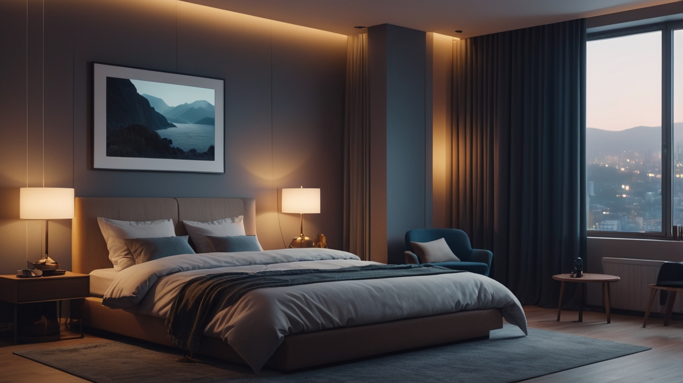 Cozy modern bedroom at night with blackout curtains closed