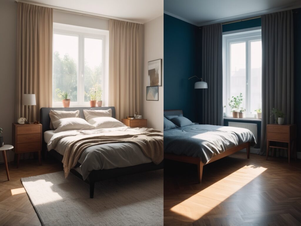 Comparison between blackout curtains and regular curtains during daytime
