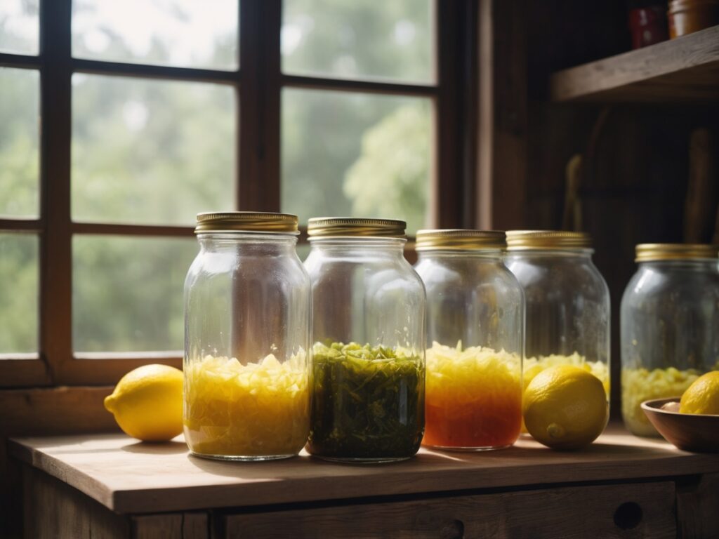 Homemade fermented foods in glass jars, including kanji, sauerkraut, and pickles