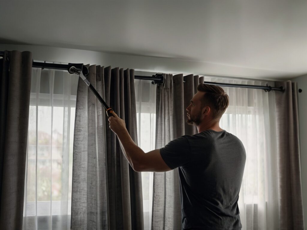 Man installing thermal blackout curtains on a curtain rod
