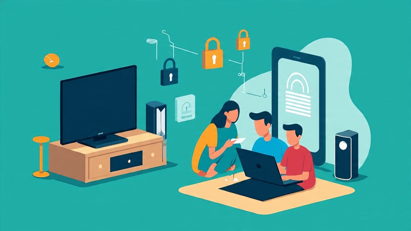Indian family using laptops and phones securely at home illustrating zero trust on a budget with segmented smart devices in the background