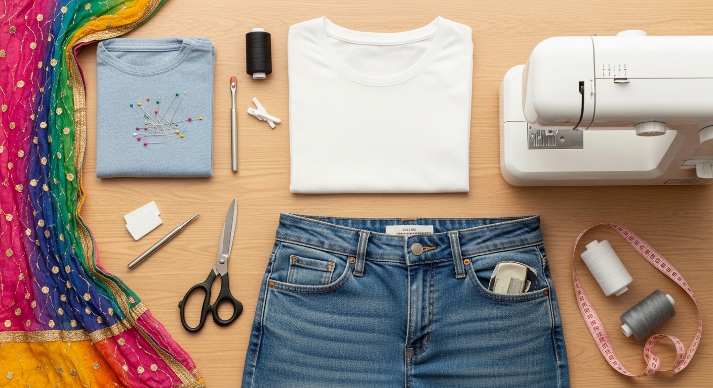 Beginner upcycling workspace with T‑shirt, dupatta, denim and simple tools