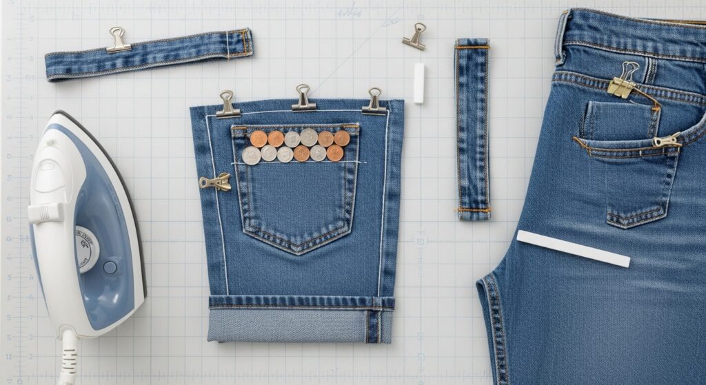 Jeans transformed into a sturdy tote with boxed bottom, contrast pocket, and reinforced straps