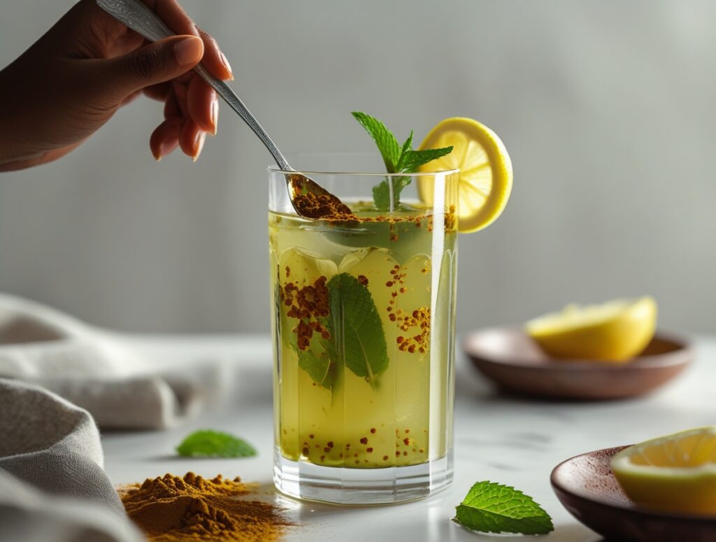 A diluted pickle brine hangover detox drink being stirred with a spoon.