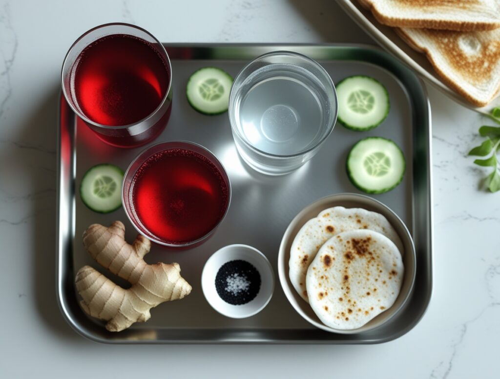 Two probiotic fermented drinks on a tray, one red and one clear, prepared for a morning-after gut reset.
