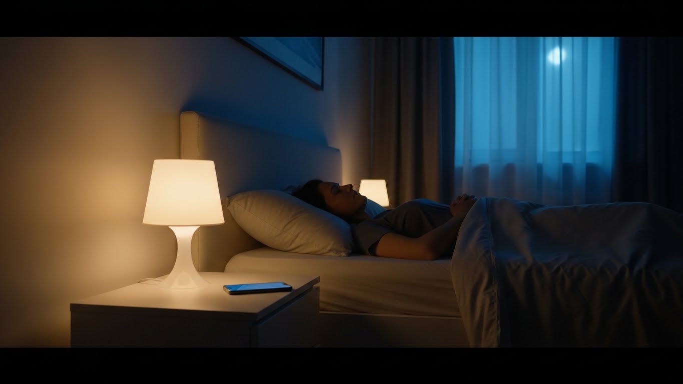 A calm bedroom scene with a person relaxing in bed under warm, dim light.