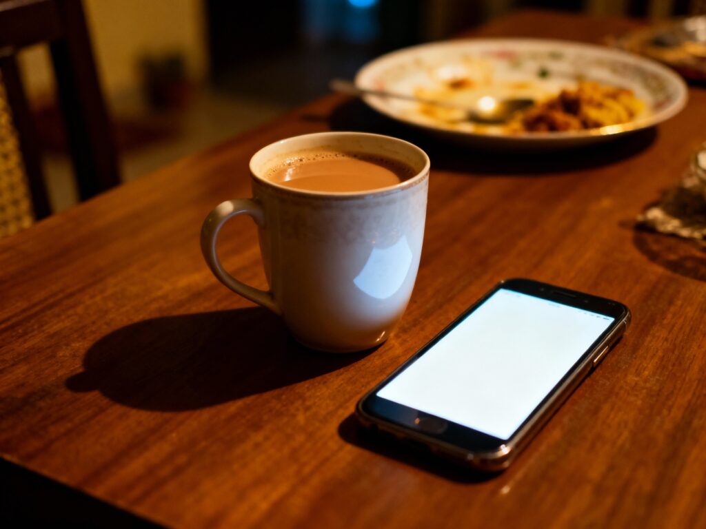 A simple scene showing evening tea, bright phone screen, and a late dinner as common sleep disruptors.