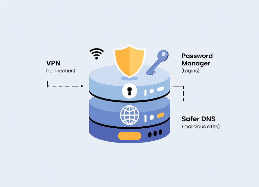 A simple visual stack showing VPN plus password manager and safer DNS as layered protection.