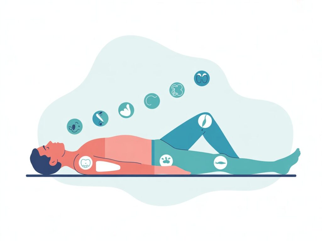 An illustrated step-by-step relaxation flow from face to legs with calm breathing cues.