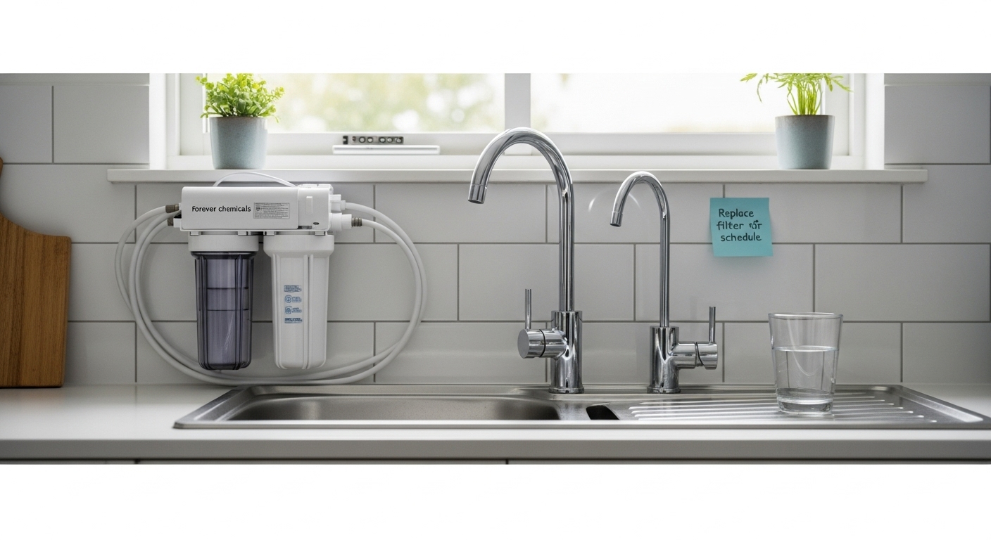 Under-sink water filter system on a modern kitchen sink with a glass of water.