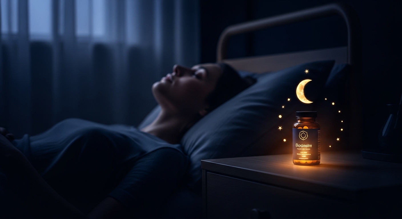 A person lying awake in a dark bedroom at night with a soft glowing melatonin supplement bottle on the bedside table