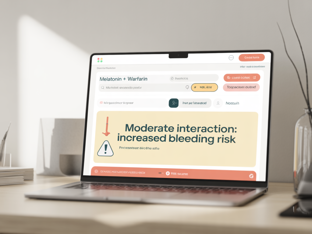 Stylized mockup of a drug interaction checker interface showing melatonin and warfarin flagged as a combination with increased bleeding risk