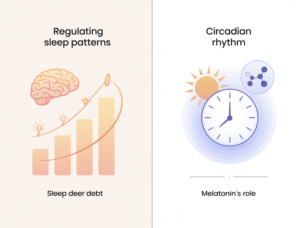 Infographic comparing process C circadian drive and process S homeostatic sleep drive showing where melatonin acts