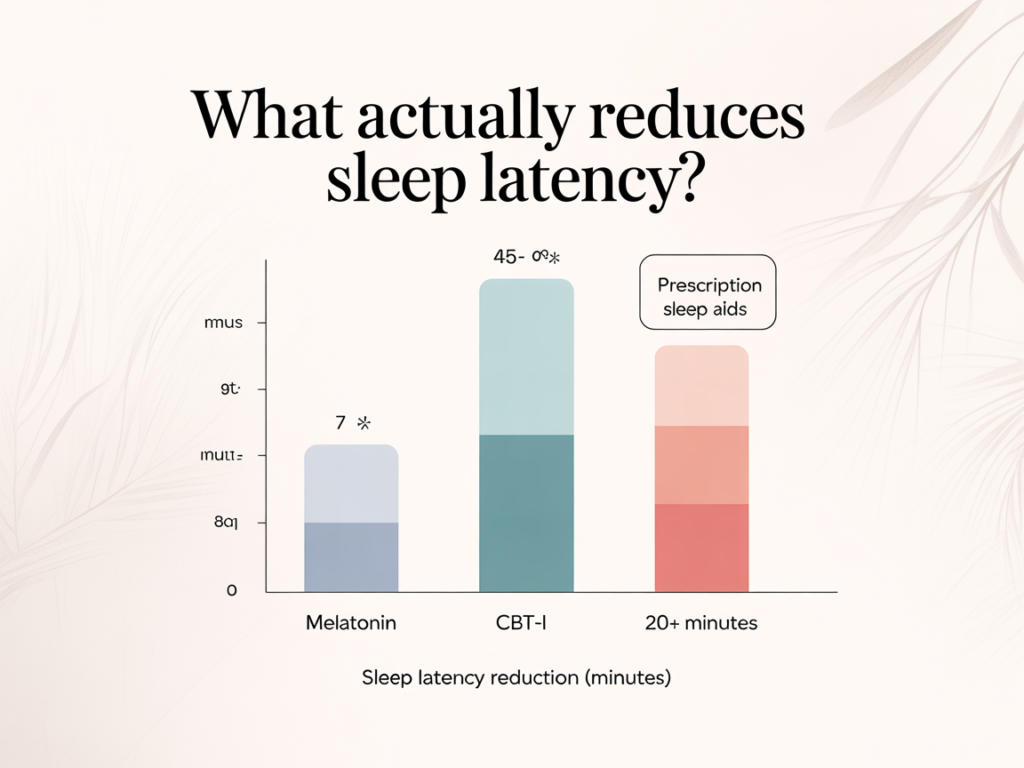 Bar chart comparing sleep latency reduction in minutes for melatonin versus CBT-I versus prescription sleep aids in clinical studies