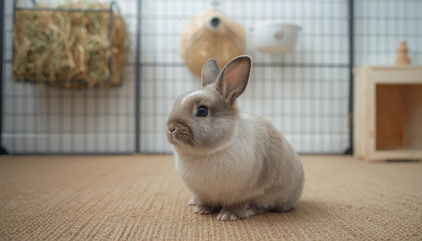 Holland Lop rabbit sitting comfortably inside a clean indoor exercise pen set up for beginners