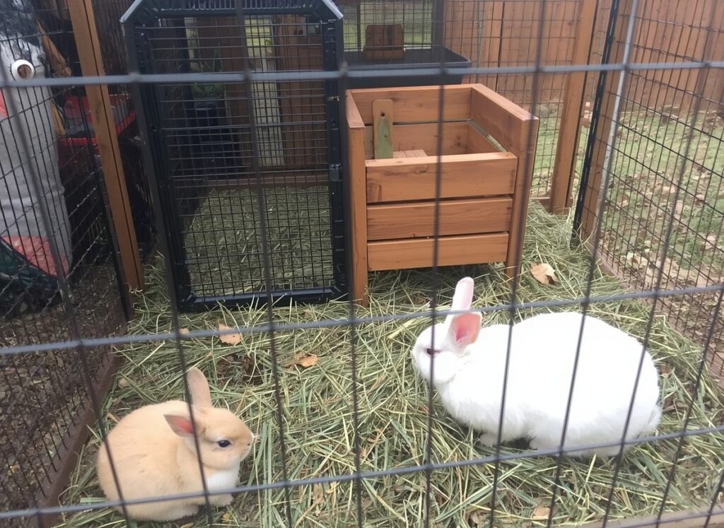 Indoor rabbit housing x-pen setup with hiding box water bowl and hay rack for beginners